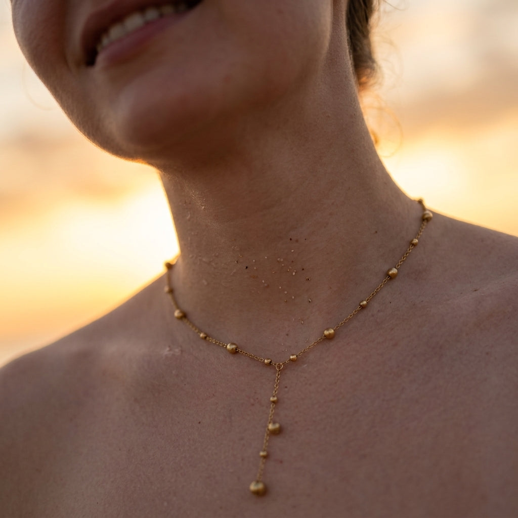 Y-Drop Gold Bead Necklace