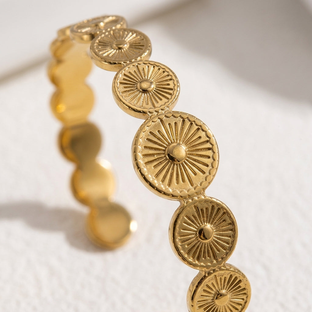 Sunburst Coin Disc Gold Cuff Bracelet