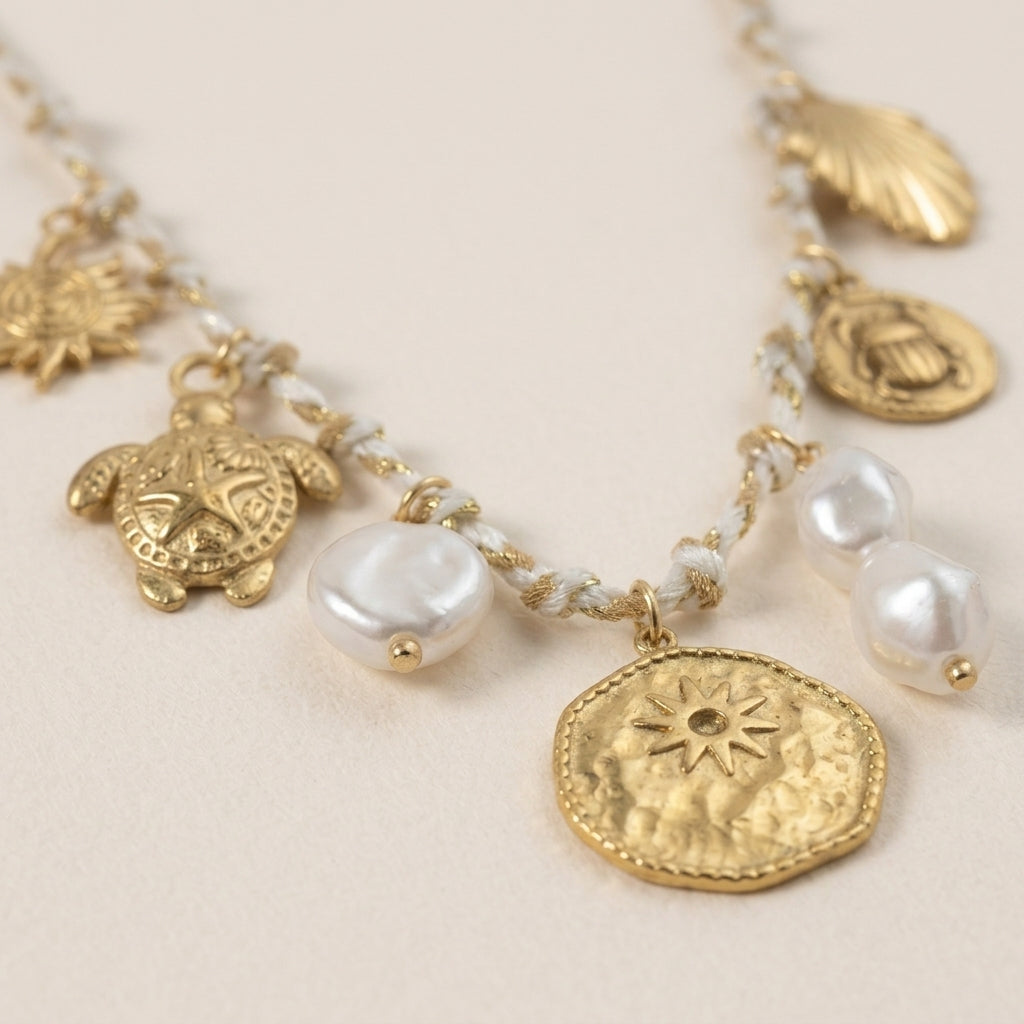 Gold Coin & Pearl Charm Necklace