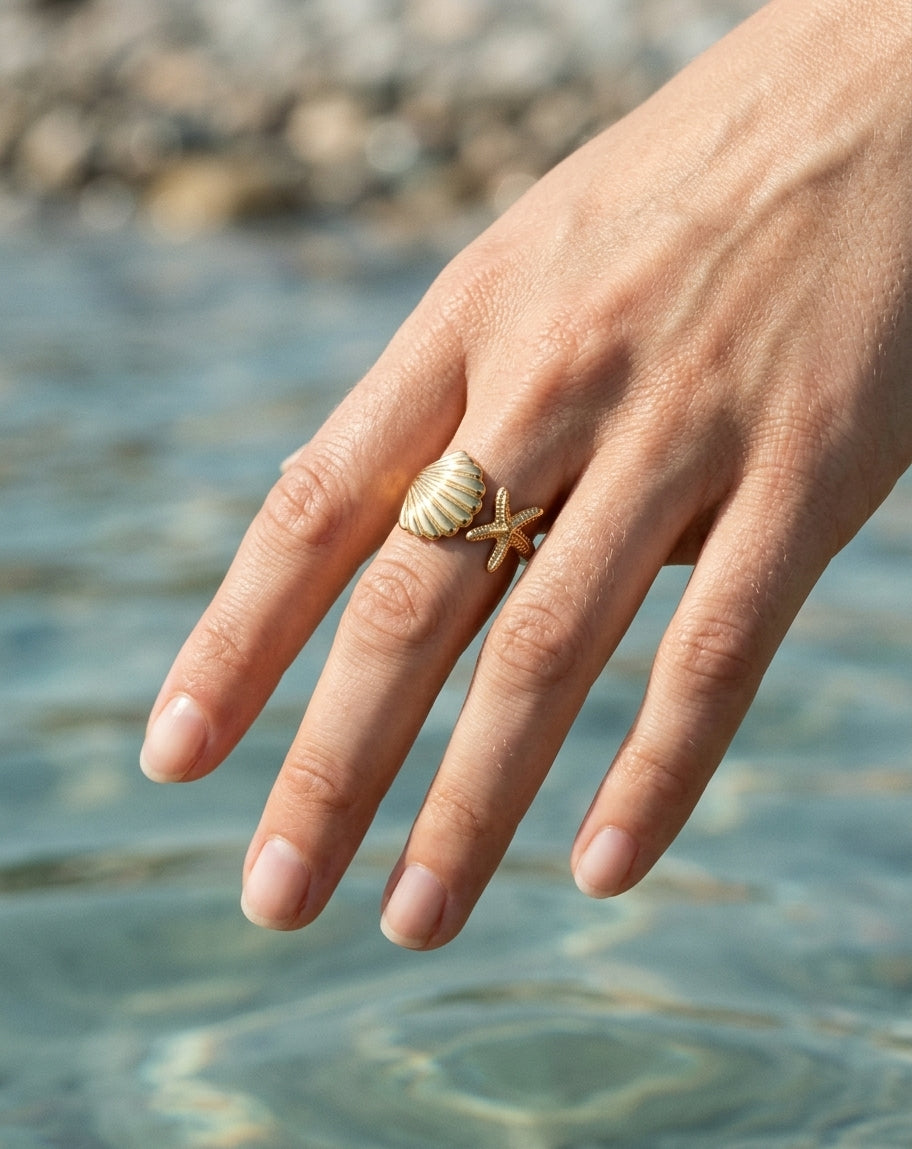 Starfish & Seashell Gold Ring